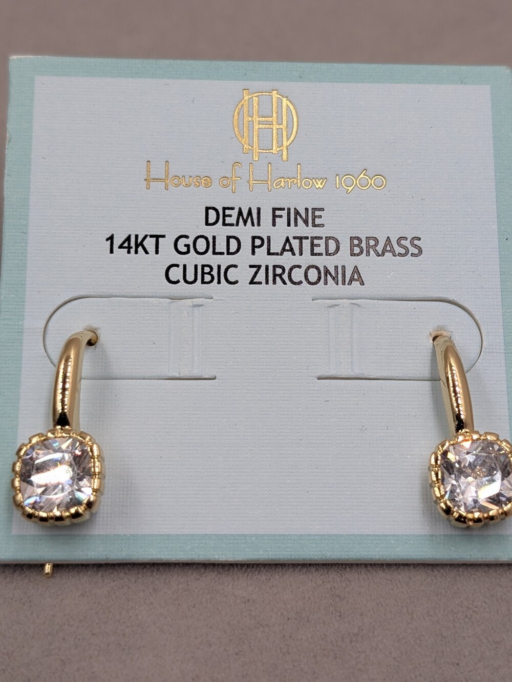 House of Harlow 1960 Demi Fine CZ Gold Plated Leverback Earrings NWT 1237